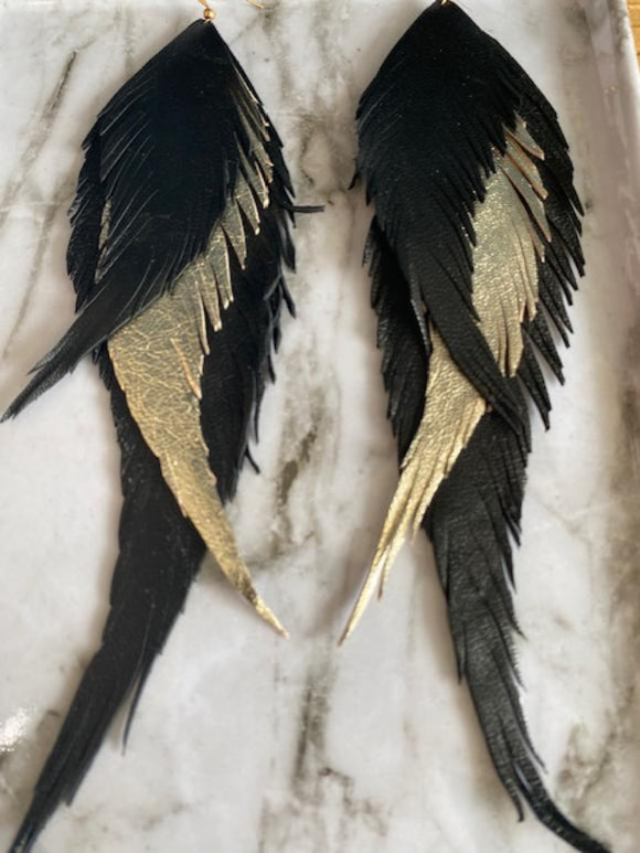 Extra Long Triple Feather Black and Gold Earrings