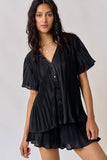 FEMME AND FLOWY PLEATED SHIRT TOP AND SHORTS SET BLACK / L