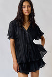 FEMME AND FLOWY PLEATED SHIRT TOP AND SHORTS SET BLACK / S