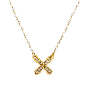 X Shaped Micro Pearl French Kiss Gold Necklace