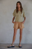 Light Olive Sweater Crochet Round Neck Short Sleeve Top