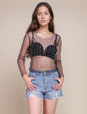 Pearl Rhinestone Studded See Through Mesh Top