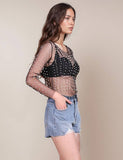 Pearl Rhinestone Studded See Through Mesh Top