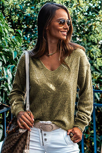 Sage Green Eyelet Drop Shoulder V Neck Sweater