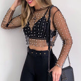 Pearl Rhinestone Studded See Through Mesh Top