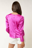 SATIN BACK BUTTON UP DETAILED LONG SLEEVE TOP LARGE / HOT PINK