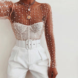 Pearl Rhinestone Studded See Through Mesh Top