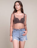 Pearl Rhinestone Studded See Through Mesh Top