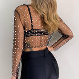 Pearl Rhinestone Studded See Through Mesh Top