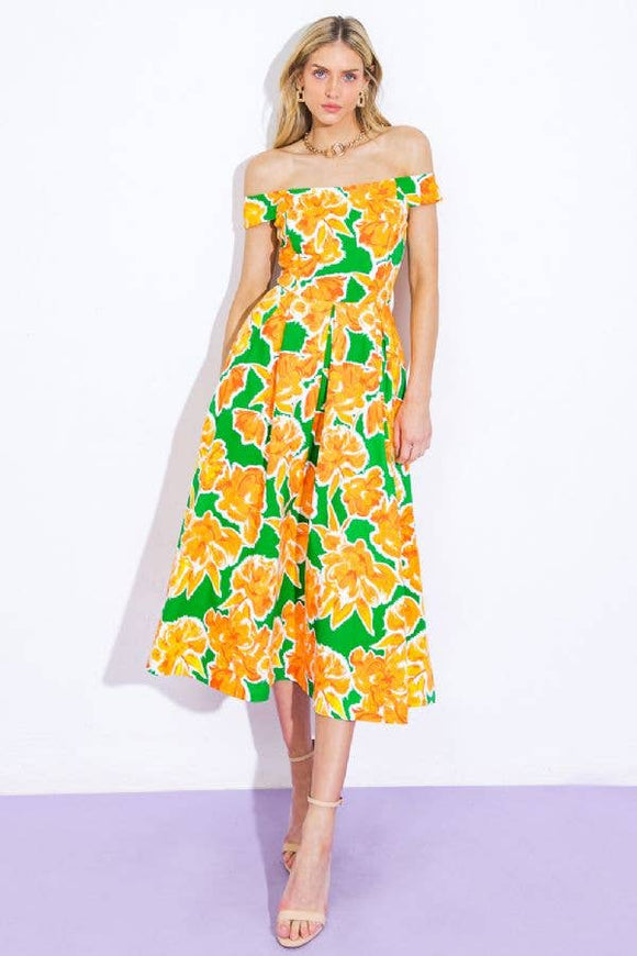 A printed twill midi dress - ID21141: GREEN ORANGE / Contemporary / M