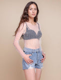 Pearl Rhinestone Studded See Through Mesh Top