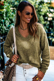 Sage Green Eyelet Drop Shoulder V Neck Sweater