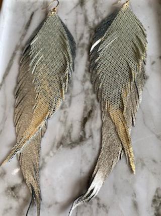 Extra Long Double Feathers Gold Dot and Silver Earrings