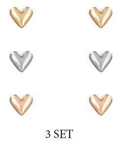 Stud Heart set of 3 Gold, Silver, and Rose Earrings