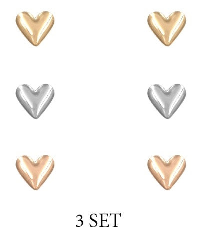 Stud Heart set of 3 Gold, Silver, and Rose Earrings