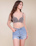 Pearl Rhinestone Studded See Through Mesh Top