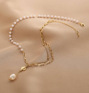 Ladies Lux Golden Beads and Pearl Necklace Gold