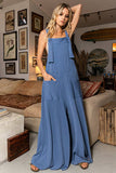 Overall Style Wide Leg Solid Ribbed Jumpsuit in CORNFLOWER BLUE