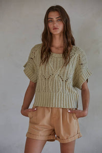 Light Olive Sweater Crochet Round Neck Short Sleeve Top