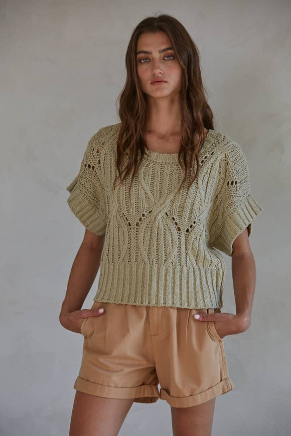 Light Olive Sweater Crochet Round Neck Short Sleeve Top