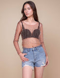 Pearl Rhinestone Studded See Through Mesh Top