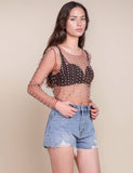 Pearl Rhinestone Studded See Through Mesh Top