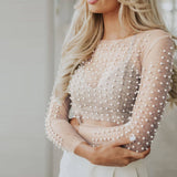 Pearl Rhinestone Studded See Through Mesh Top