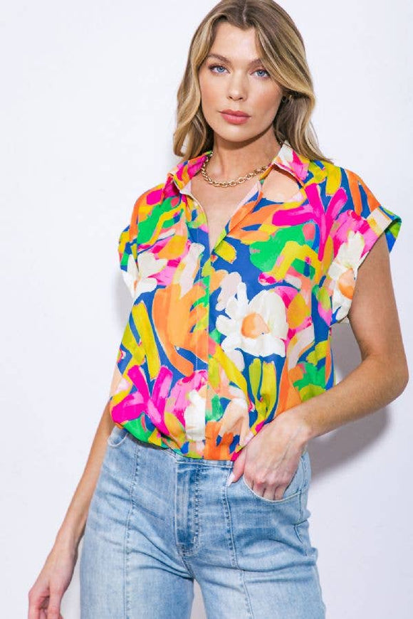 A printed woven top - IT12931: Blue / Contemporary / S