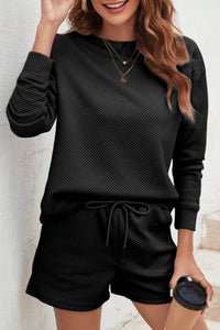 Drawstring Shorts Set with Long Sleeve Top in Black