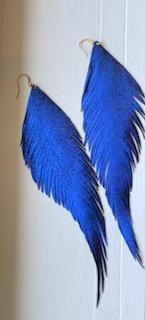 Extra Long Feather Leather Shimmer Blue Earrings