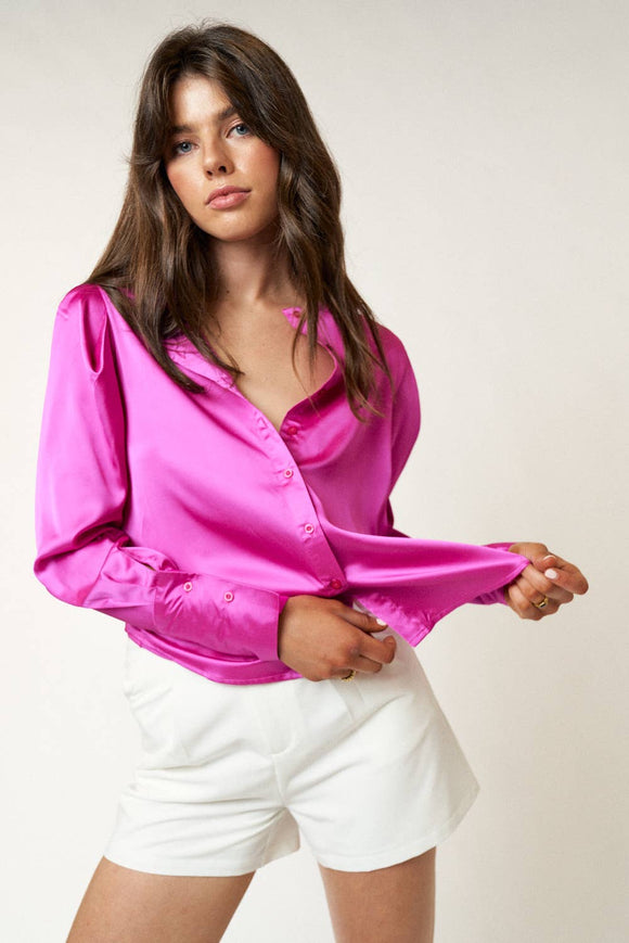 SATIN BACK BUTTON UP DETAILED LONG SLEEVE TOP SMALL / HOT PINK