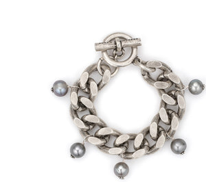 Silver Bevel Chain W/ Silver  Pearl Dangles Bracelet